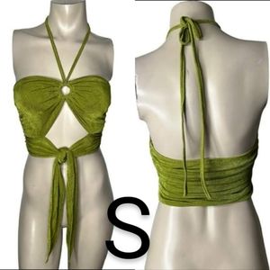 🆕Summer Olive Green Stretchy Halter Cut Out Crop Top~Size S